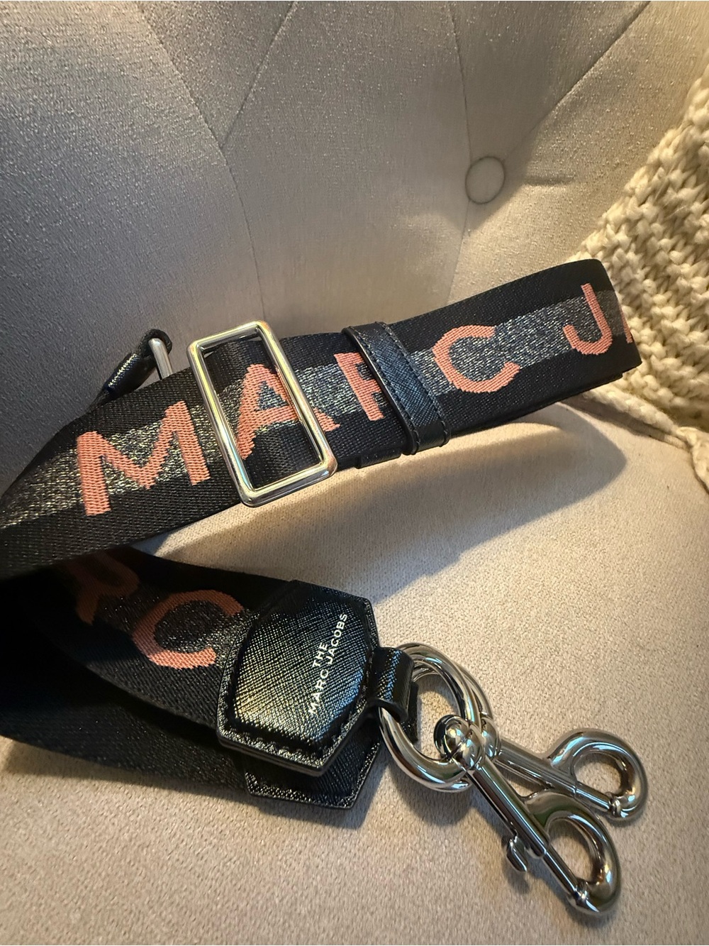 Marc Jacobs Black Strap with Pink Logo and Silver Hardware